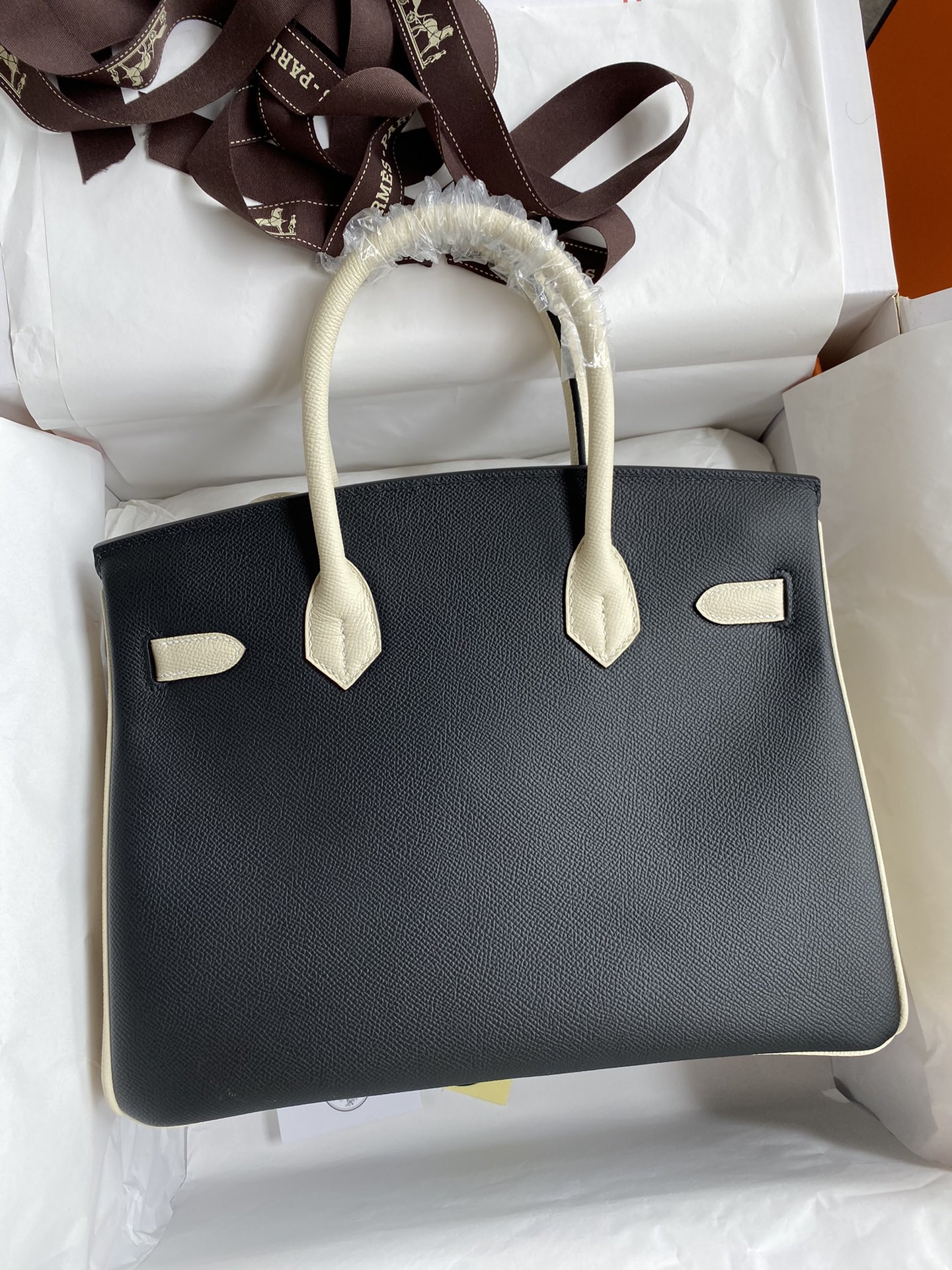 Hermes Birkin 30CM Epsom Leather Handbag Black White